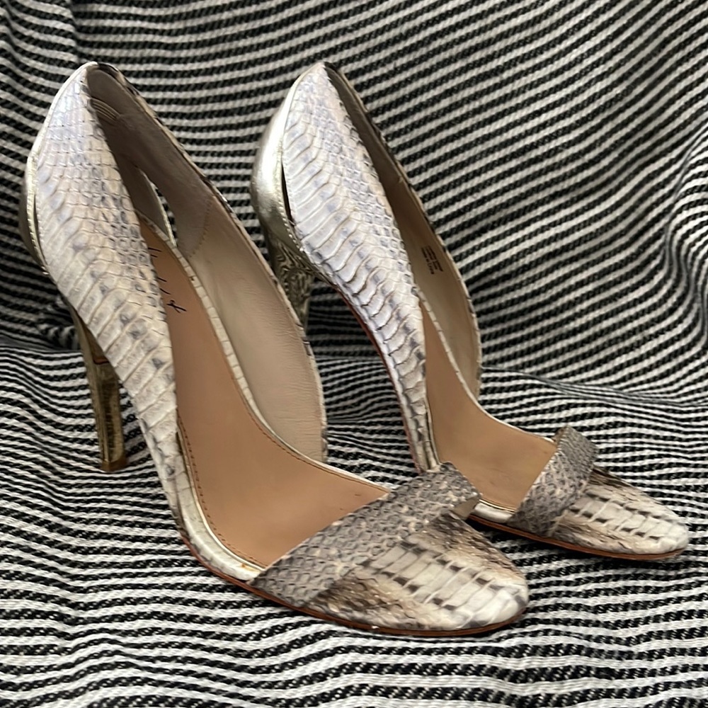 Mark & James Snakeskin and Metallic Gold Heels